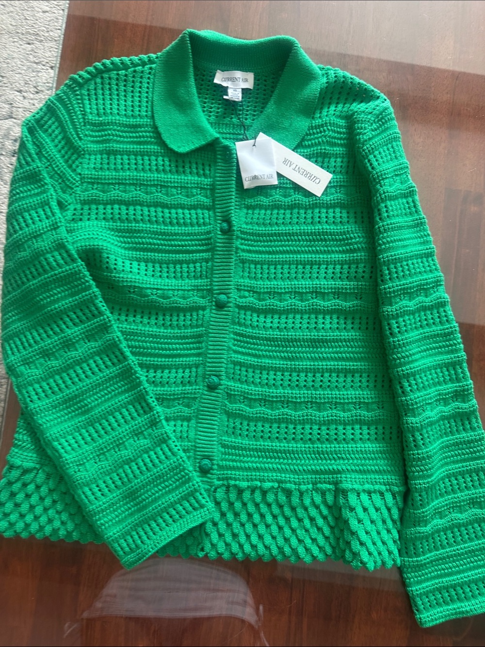 Current Air Bright Green Crochet Button-Up Cardigan